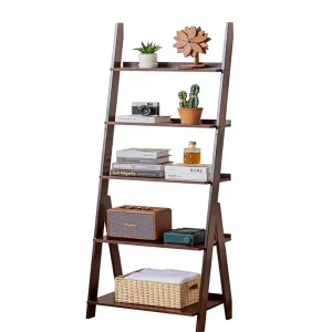 Maydear Modern Self-Propelled Bamboo Ladder Shelf Bookcase 5-Tier Free Standing Storage Shelves for Living Room Bedroom Kitchen