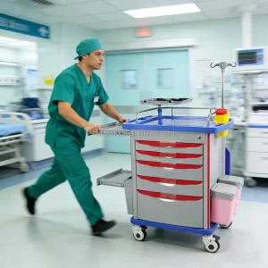 Medical ABS Emergency Room Treatment Trolley Crash Cart in Hospital With Defibrillator ISO
