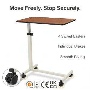 Medical Adjustable Patient Dining Wood Overbed Bedside Table with Wheels Beside Table for Hospital