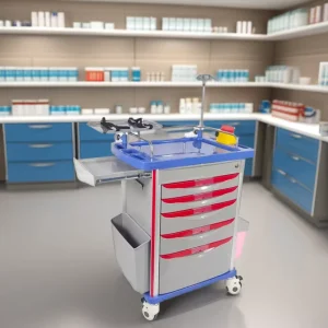 Medical Emergency Crash Cart ABS Trolley With IV Pole Oxygen Cylinder Holder for ICU Hospital Ward