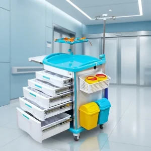 Medical Emergency Trolley Hospital Crash Cart with Central Locking System and Adjustable Medicine Drawer Divider for ER Supplies