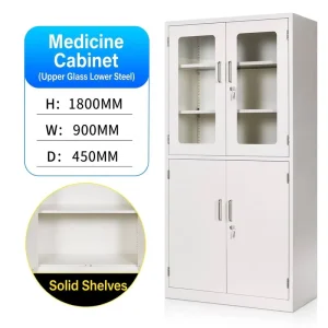 Medical Steel Medicine Cabinet for Hospital Pharmacy and Workshop Use Upper Glass Lower Steel Door Solid Shelves