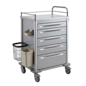 Medicine Dispensing Trolley Medical Emergency Crash Cart 5 Drawer Hospital Treatment Cart with Waste Bin & Basket