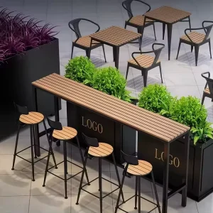 Mediterranean Style Leisure Outdoor Furniture Set Outdoor Coffee Bar Table Metal Frame Plastic Wood Outdoor Bar Table