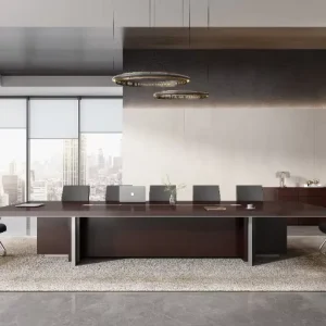 Meeting Table with Veneer, Black Gold Sintered Stone & Brushed Stainless Steel Covers