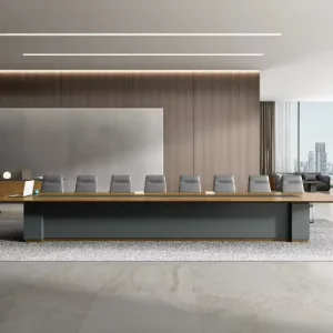 Meeting Table with Veneer Lacquered & Leather Top and Integrated Sockety