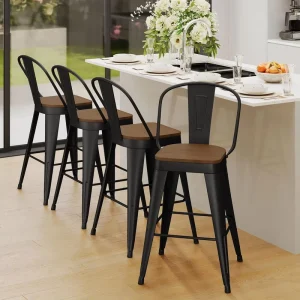 Metal Bar Stools 24″ Counter Height High Back Black Matte Finish Modern Farmhouse Design for Kitchen Dining Islands