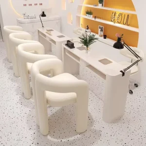 Metal Beauty Nail Salon Equipment Modern Durable Iron Nail Table Set with Stone Tabletop and Manicure Chairs