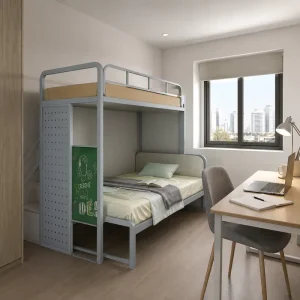Metal Bunk Bed Heavy Duty Steel Frame 2 Tier Dormitory Bed with Safety Guardrail for Apartment Hostel