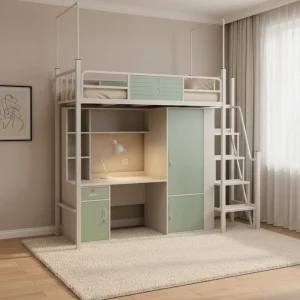 Metal Bunk Bed with Desk Under Twin Size Steel Loft Bed Frame High Sleeper with Wardrobe Closet Single Bunk Bed for Kids Adult