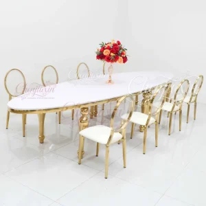 Metal Clear Acrylic Oval Back Modern Hotel Room Furniture Luxury Gold Wedding Table and Chairs for Events