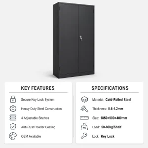 Metal File Cabinet for Office Document Storage with Lockable Double Doors Adjustable Shelves Heavy Duty Steel Construction