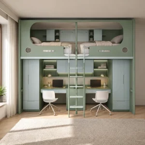 Metal Frame Bunk Bed with Double Desk and Wardrobe, 2 Tier Dorm Bed with Ladder for Students