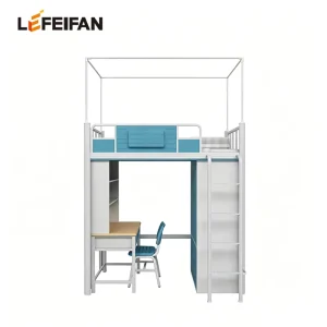 Metal Loft Bed with Desk and Storage and Bookshelf for School Hotel Hospital
