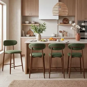 Metal Mid Century Modern Upholstered Bar Stools 26″ Counter Height Backs for Kitchen Island Dining Room Green