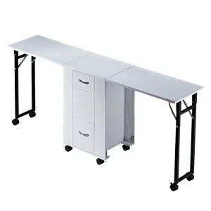 Metal Nail Salon Foldable Nail Table with Wheels Movable Manicure Workstation Table with Multi layer Drawer