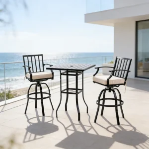 Metal Outdoor Bar Set Weather Resistant Swivel Bar Stools High Patio Table Furniture 2 Bar Chairs 1 Bar Table