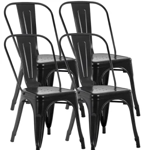 Metal Restaurant Chairs Set 4 Black Stackable Non Slip Feet Indoor Outdoor Use 330 Lbs Capacity Kitchen