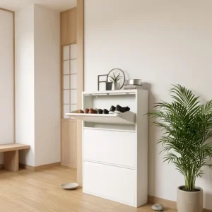 Metal Shoe Cabinet with 3 Flip Drawers Wall Mounted & No Assembly Steel Shoe Storage Cabinet with Magnetic Goose