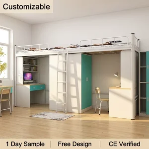 Metal Steel Loft Bunk Bed Set with Desk and Storage for Dormitory