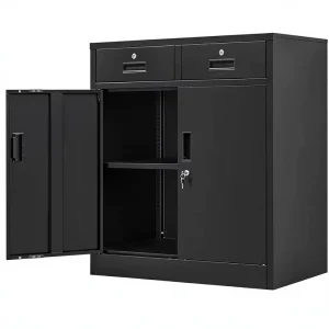 Metal Storage Cabinet Key Lock 2 Drawers Adjustable Shelf for Office Garage Home Black