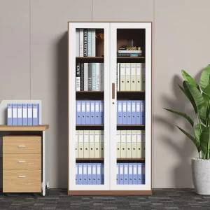 Metal Storage Cabinets Steel Filing Cabinet 2 Glass Doors 2pcs Adjustable Partitions Coffee Color and White Cabinet