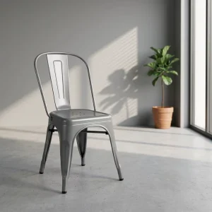 Metallic Chair Colorful Industrial Style Stackable Metal Frame Steel Leg Dining Chair for Restaurant