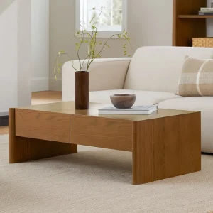 Mid Century Dark Oak Coffee Table 48 Inch Rounded Side Panels 2 Drawer Center Table Luxury ENF Grade Living Room Unit