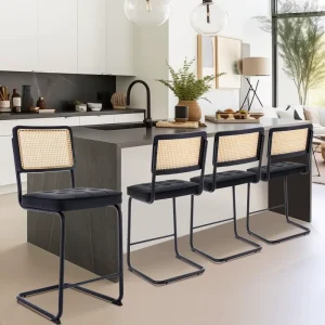 Mid Century Modern Barstools Set of 4 PU Leather Rattan Bar Stool Chairs with Sturdy Metal Frame for Kitchen
