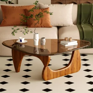 Mid Century Modern Coffee Table With Wood Top and Sculptural Base for Living Room Lounge Area Decor