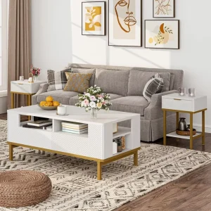 Mid Century Modern Coffee Table with 2 Drawers Fluted Wavefront Panel Steel Frame Wood Center Table for Living Room