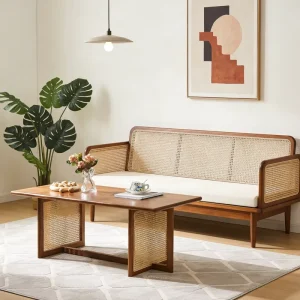 Mid Century Modern Japanese Wabi Sabi Retro Style Ash Solid Wood Rattan Durable Eco Friendly Portable Coffee Table Living Room