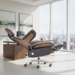 Mid Century Modern Leather Ergonomic Electric Office Chair Wooden Back Support Footrest Nap Recliner for Home Office