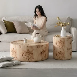 Mid Century Modern Luxury Burl Wood Drum Coffee Table Natural Poplar Wooden Veneer Organic Home Decor Coffee Table Sets