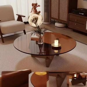 Mid Century Modern Round Coffee Table with Glass Top and Solid Wood Base for Living Room
