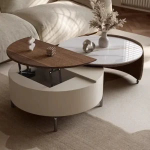 Mid Century Modern Sintered Stone Round Coffee Table Living Room Household Lifting Storage Rotating Coffee Table