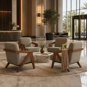 Mid Century Modern Solid Wood Armchair Commercial Grade Accent Sofa for Hotel Lobby and Restaurant Lounge