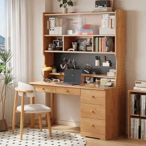 Mid Century Modern Solid Wood Kids Desk With Hutch Montessori Children Study Table With Bookshelf for Teen Bedroom Furniture