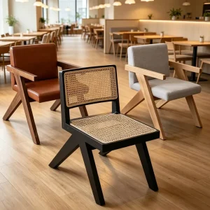 Mid Century Modern Solid Wood Restaurant Dining Chairs Cane Rattan Leather Fabric Customizable Cafe Furniture Manufacturer China