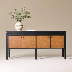 Mid Century Modern Solid Wood Sideboard Natural Burl Veneer Buffet Server Retro Living Room Storage & Entryway Credenza