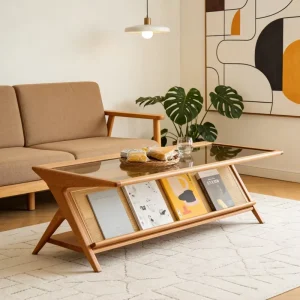 Mid Century Modern Wabi Sabi Retro Style Solid Wood Coffee Table Glass Top Handmade Storage Portable Eco Friendly Living Room
