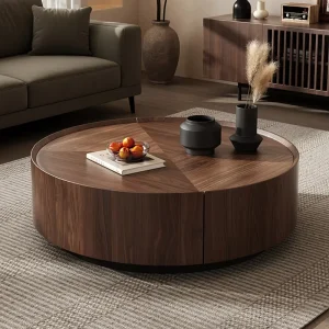 Mid Century Modern Walnut Bark Wood Frame Round Coffee Table Modern Simple Living Room Storage Coffee Table