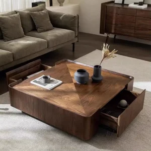 Mid Century Modern Walnut Coffee Table Wood Frame Metal Base Center Table Minimalist Design Living Room Table Square Functional