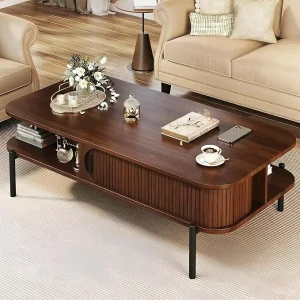 Mid Century Modern Wood Coffee Table 47.2″ Living Room Storage Open Shelf Fluted Design Sliding Cabinet Nesting