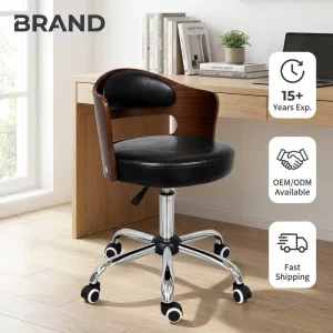 Mid-Century Modern Wrap-Around Back Bar Stool with Oval Cutout Gas-Lift Adjustable Circular Cushion 5-Star Rolling Caster Base