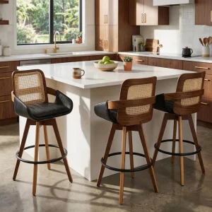 Mid Century Solid Wood Bar Stools with Rattan Back and Customized Leather Seat for Bistro & Cafe Shop