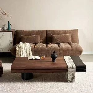 Mid Century Style Rectangular Coffee Table Walnut Solid Wood with Marble Base Designer Living Room Furniture