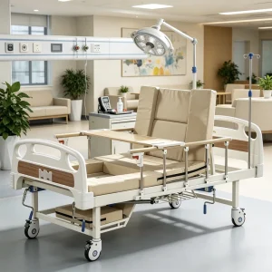 Mid Curve Multi Function Manual Nursing Bed with Bedpan Hole Turn Over Dining Table IV Pole Side Rails for Patient Care