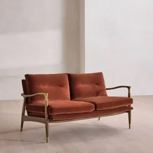 Mid Minimalist Velvet 2 Seater Loveseat Curved Walnut Arms Brass Tips Sofa Apartment Living Room Villa Hotel Bedroom
