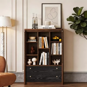 Mid Modern Space Saving Eco Friendly Wood Storage Bookshelf Open Cubbies Drawers Bobbin Side Posts Wall Mount Home Office